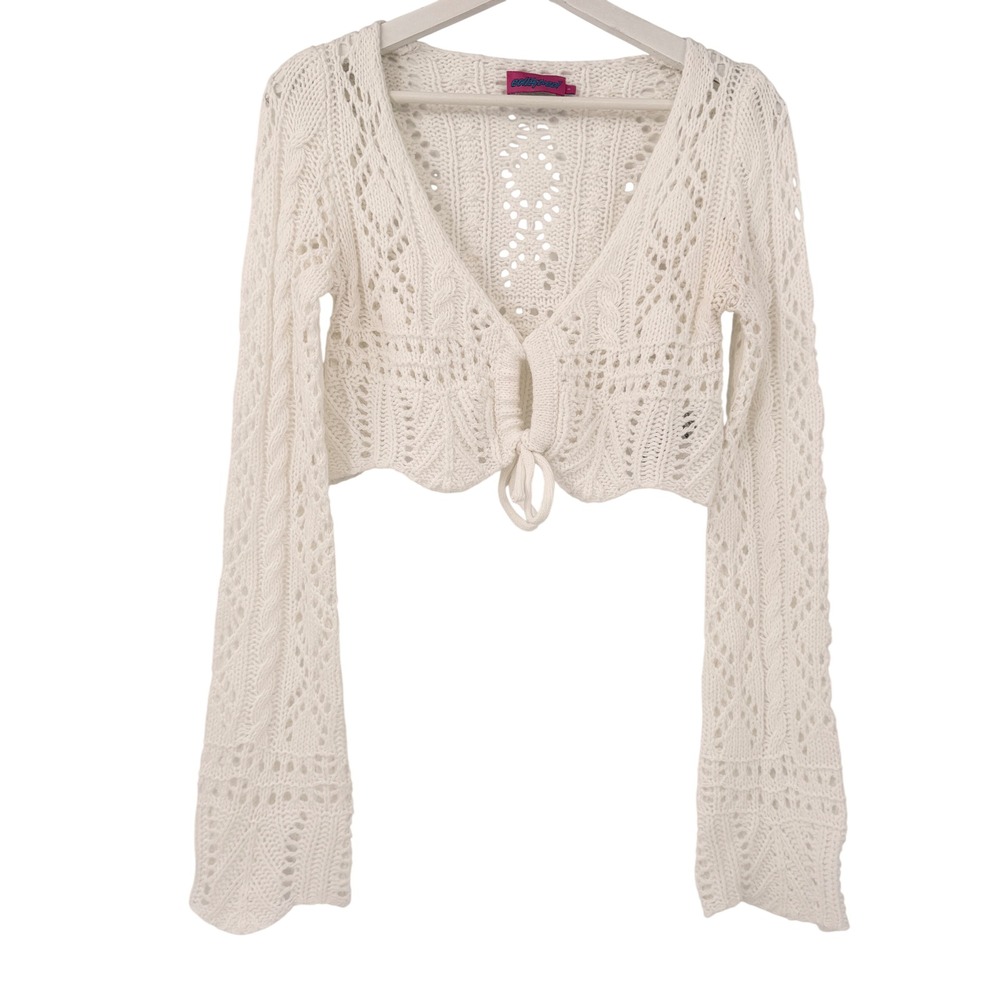 Edikted Pointelle Knit Shrug Womens S White Cropped Tie Front Cardigan Boho Y2K